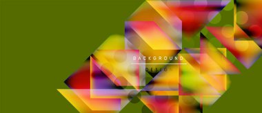 Abstract geometric shapes overlap, creating vibrant color blends. Background features olive green, orange, purple hues. Design includes text element.