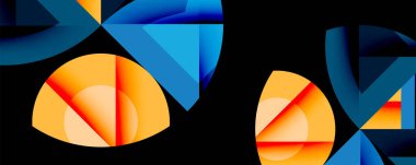 Abstract geometric shapes, vibrant blues, oranges dominate composition. Overlapping layers create depth, modern aesthetic.