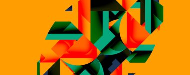 Abstract geometric shapes overlap, creating vibrant composition. Orange background contrasts with red, green, blue elements. Modern design.