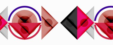 Abstract geometric shapes, circles, diamonds, red, purple, black, white. Minimalist design, modern art, symmetrical composition.