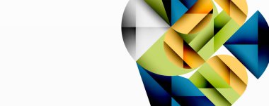 Abstract geometric shapes overlap, creating vibrant color gradients. Composition features white space, dynamic angles, modern design.