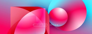 Soyut canlı tasarım, üst üste binen şekiller, gradyanlar. Pembe, mavi renkler kompozisyona hakim. Metin arka plan tasarımı okur. Modern estetik.