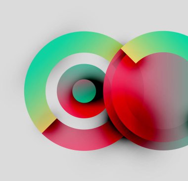 Soyut tasarım özellikleri üst üste binen renkli daireler. Gradyan gölgeler dinamik görsel efekt yaratır. Modern, minimalist kompozisyon.