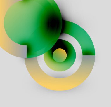 Abstract composition. Overlapping circles, gradients, yellow, green, white hues create modern visual effect. Minimalist design.