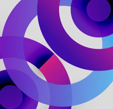 Abstract composition featuring overlapping circles, vibrant purple hues dominate design. Gradient shades create depth, modern aesthetic.