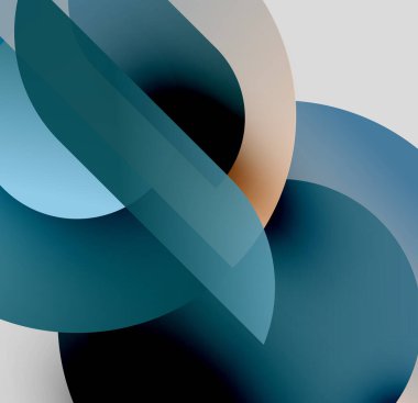 Abstract composition. Overlapping shapes create depth, using cool blues, beige, black. Smooth gradients define forms. Minimalist design.