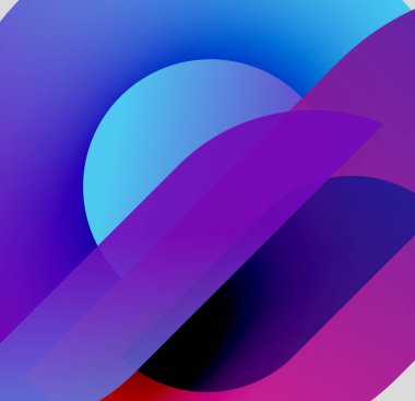 Abstract composition. Overlapping shapes create vibrant gradients. Blues, purples, pinks blend seamlessly. Modern digital art.