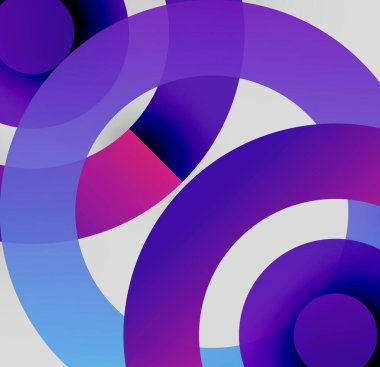 Abstract circles overlap, creating vibrant gradients. Purple, blue, pink hues dominate composition. Modern design, dynamic shapes present.