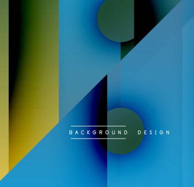 Abstract geometric shapes, vibrant blues, greens, yellows. Modern design, gradient effects, clean composition. Minimalist aesthetic.