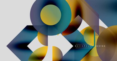 Abstract geometric shapes overlap, creating dynamic colorful composition. Modern design elements blend smoothly.