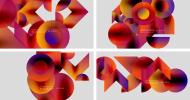 Abstract colorful shapes overlap, creating dynamic backgrounds. Vivid gradients blend orange, purple, red hues. Modern design elements present geometric forms.