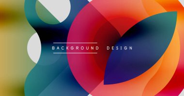 Abstract colorful shapes overlap creating vibrant fluid background. Modern design elements suggest creativity, energy.