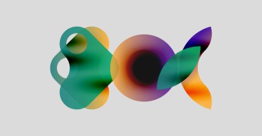 Soyut renkli şekiller çakışıyor ve akışkan dinamik bileşim oluşturuyor. Yumuşak eğimler hareketi, ışık etkileşimini önerir. Minimalist tasarım.