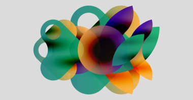 Soyut renkli şekiller örtüşür, dinamik görsel efekt yaratır. Renkler karışıp sıvı bileşimi oluşturuyor. Modern tasarım.