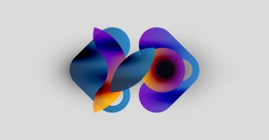 Abstract fluid shapes overlap, creating vibrant color blends. Purple, blue, orange hues dominate composition. Soft gradients suggest movement.