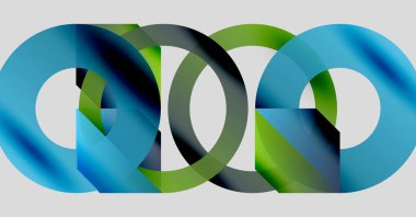 Abstract design features overlapping circular shapes. Blue, green, dark hues blend creating modern visual effect. Simple, clean composition.