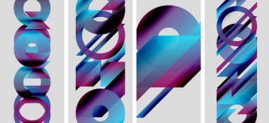 Abstract geometric composition. Four panels display layered circles, lines, vibrant purple, blue hues. Modern digital artwork.