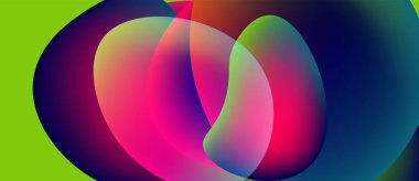 Vibrant abstract shapes overlap, creating colorful gradients. Green background contrasts with pinks, blues, purples. Modern design element.