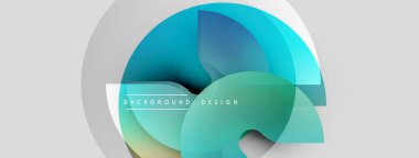 Abstract geometric shapes overlap. Blue, green hues dominate design. Light gray background provides contrast. Modern aesthetic.
