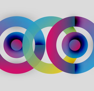 Abstract colorful circles overlap, creating dynamic visual effect. Bright hues blend, forming infinity symbol impression. Modern design.