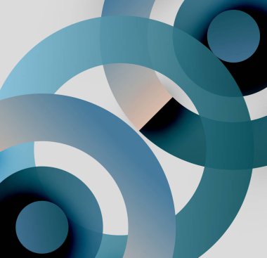 Abstract composition. Overlapping circles create dynamic visual effect. Cool blues, grays dominate design. Minimalist aesthetic.