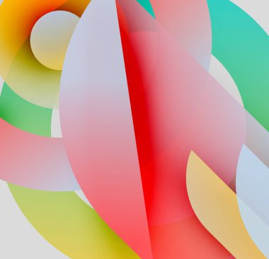 Abstract composition. Overlapping translucent shapes create vibrant color blends. Soft gradients suggest depth, movement. Minimalist design.