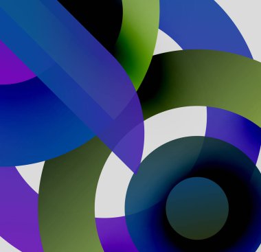 Soyut kompozisyon. Üst üste binen renkli çemberler dinamik görsel efekt yaratır. Gradyanlar renkleri karıştırır, modern tasarımı oluşturur..