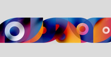 Abstract colorful shapes overlap, forming letterforms. Vibrant blues, oranges, purples create dynamic visual effect. Modern design.