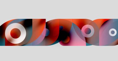Abstract composition featuring overlapping translucent circles, reds, blues, grays. Modern design with blurred edges, simple shapes.