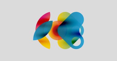 Soyut renkli şekiller örtüşür, dinamik görsel efekt yaratır. Yumuşak eğimler akıcılık, hareket, modern tasarım.