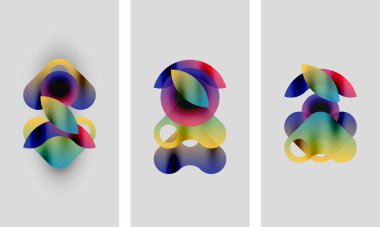 Abstract colorful shapes overlap, creating dynamic compositions. Soft gradients blend hues across three panels. Minimalist design, modern aesthetic.