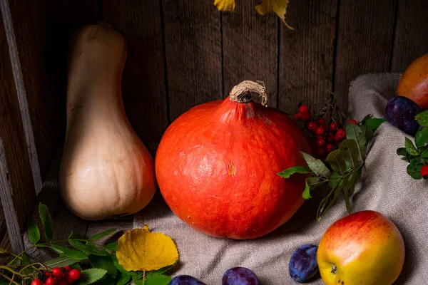 Verschiedene Früchte Einem Holzkasten Mit Herbstblättern — Stockfoto
