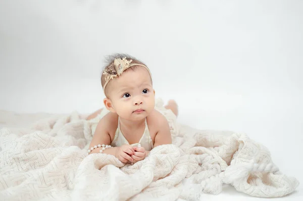 Cute Little Asian Baby Girl White Background Стокове Зображення