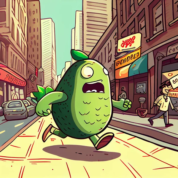 Running avocado on city street cartoon style