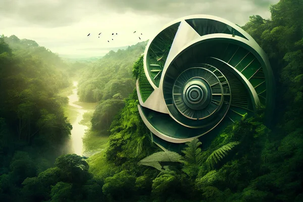 Futuristic concept of green recycle renewable technology city in the forest.