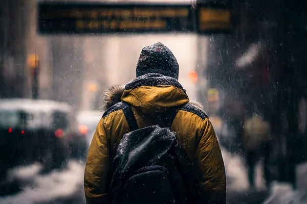 Man in the city walking at snow storm.