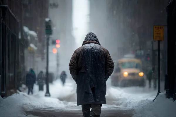 Man in the city walking at snow storm.