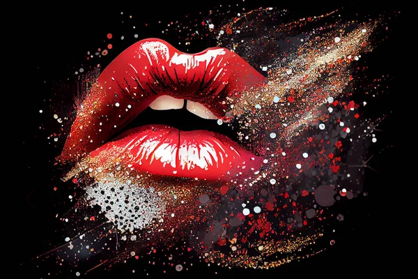 Female lips with red lipstick and glitter beauty make-up