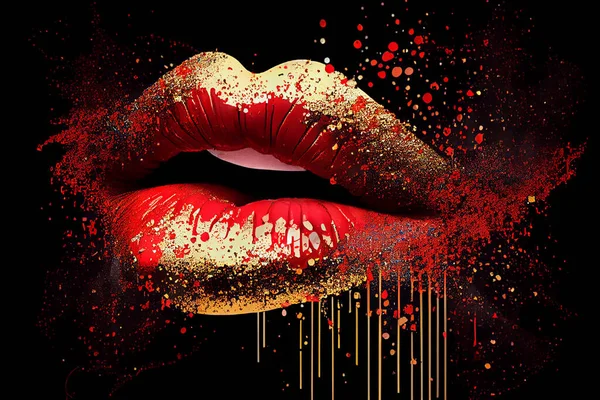 Female lips with red lipstick and glitter beauty make-up