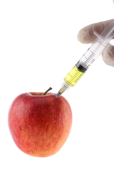 Injektion Einen Apfel Eine Hand Medizinhandschuh — Stockfoto