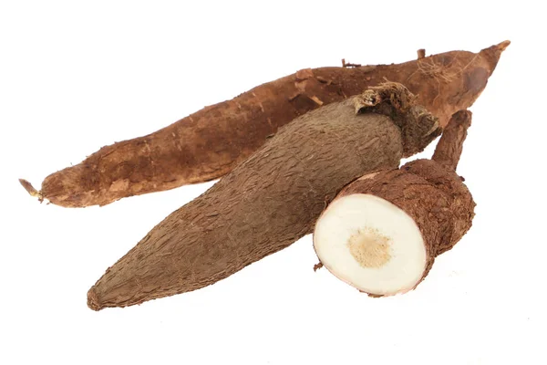 Ρίζες Tapioca Νωπές Ρίζες Cassava Απομονωμένες Λευκό Φόντο — Φωτογραφία Αρχείου