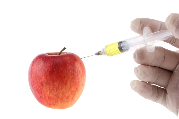 Injection Dans Une Pomme Une Main Dans Gant Médical — Photo