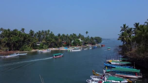 Små Blå Färja Flyter Nerul Floden Aguada Goa Indien — Stockvideo
