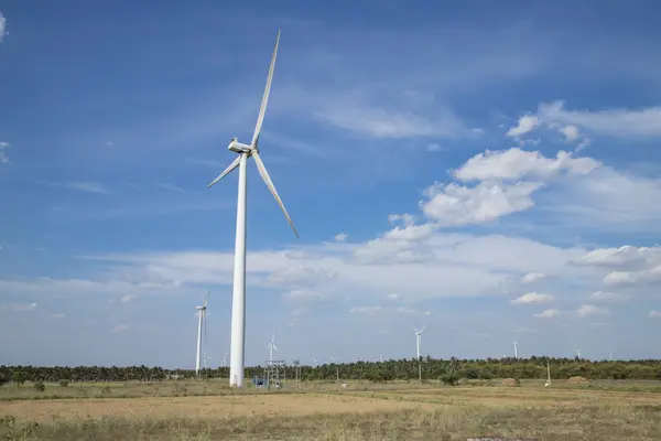 Wind Turbines Background Blue Green Grass Field — Stock Photo, Image