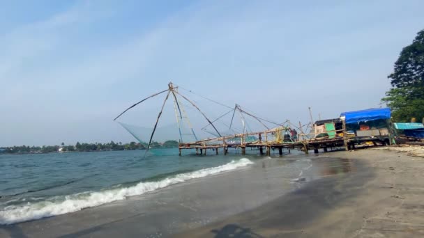 Kochi Fort Kerala Cochin Indien Mars 2022 Kinesiska Fiskenät Vid — Stockvideo