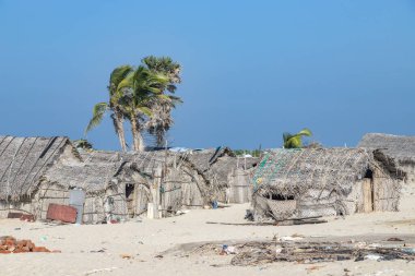 Hindistan 'da Hindistan cevizi yaprağı kulübesi ve deniz kıyısındaki Rameshwaram Dhanushkodi plajı, Tamil Nadu' da balıkçı ağı. Fakir insanlar geleneksel ya da klasik çevre dostu bir köy.