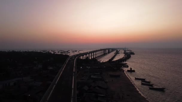 Flygfoto Över Pamban Bridge Indiska Järnvägen Spak Havsbro Rameswaram Dhanushkodi — Stockvideo