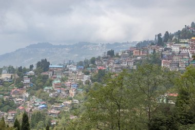 Darjeeling, Batı Bengal, Hindistan 'da bir dağ yamacında. Güneşin doğuşundaki muhteşem tepe manzarası.