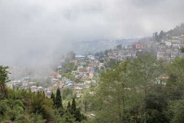 Darjeeling, Batı Bengal, Hindistan 'da bir dağ yamacında. Güneşin doğuşundaki muhteşem tepe manzarası.