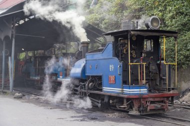 Darjeeling, Batı Bengal, Hindistan, 22 Nisan 2022. Darjeeling 'deki dar bir demiryolunun oyuncak treni. Batı Bengal 'deki Darjeeling Himalaya Demiryolu..